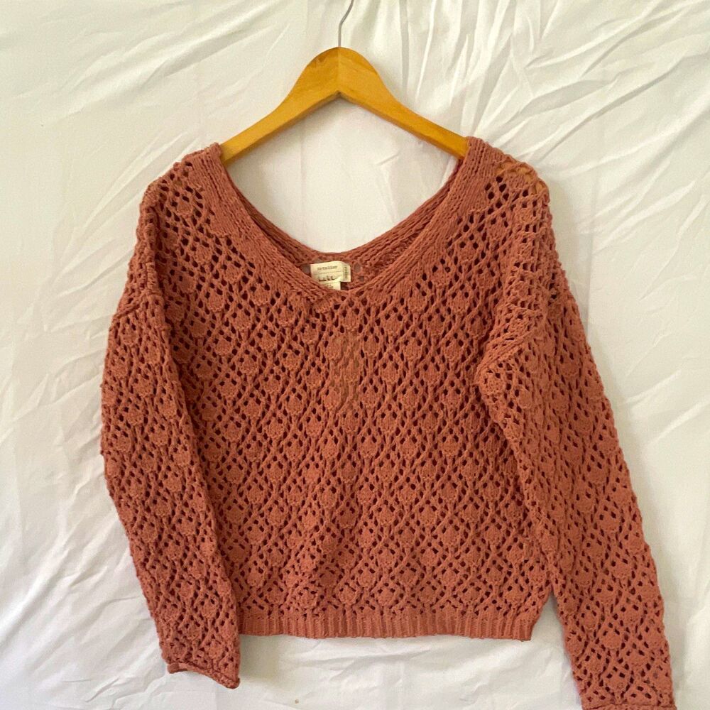 Nicole Miller Pink Open-Knit V-Neck Pullover Sweater Long Sleeve L